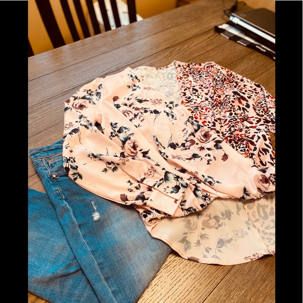 Light Pink Floral & Cheetah Print Blouse NWOT